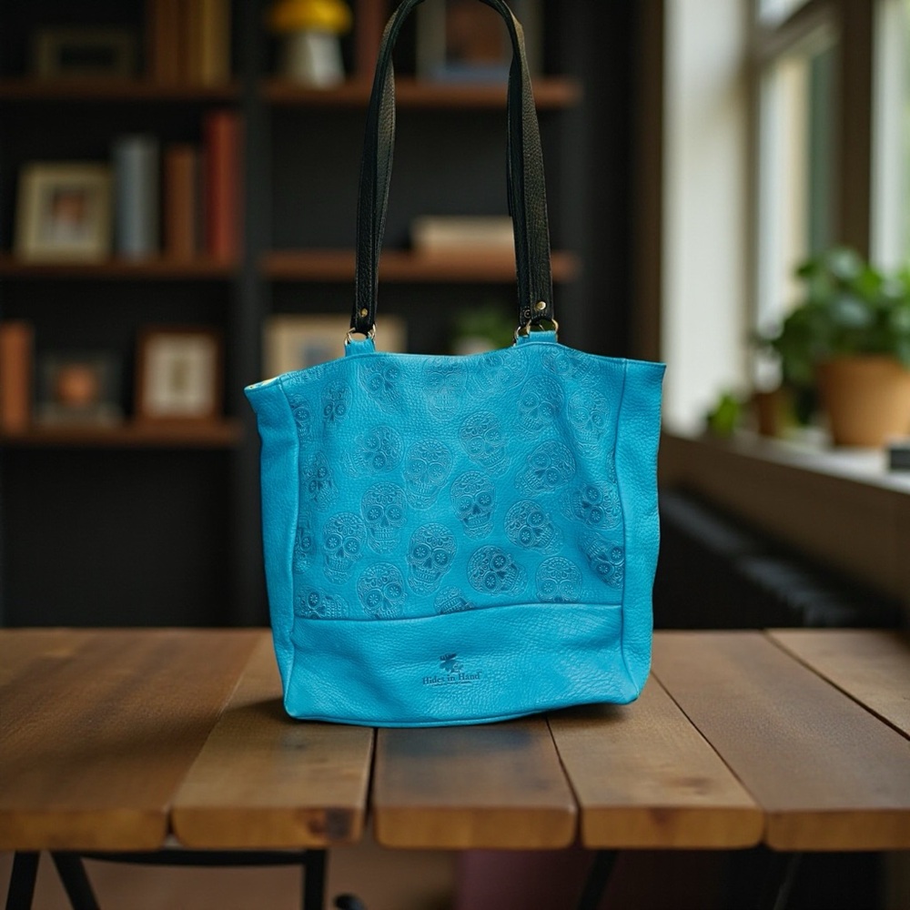 Custom made only one ever made butter soft Blue skull Embossed Tote - Picture 3 of 17